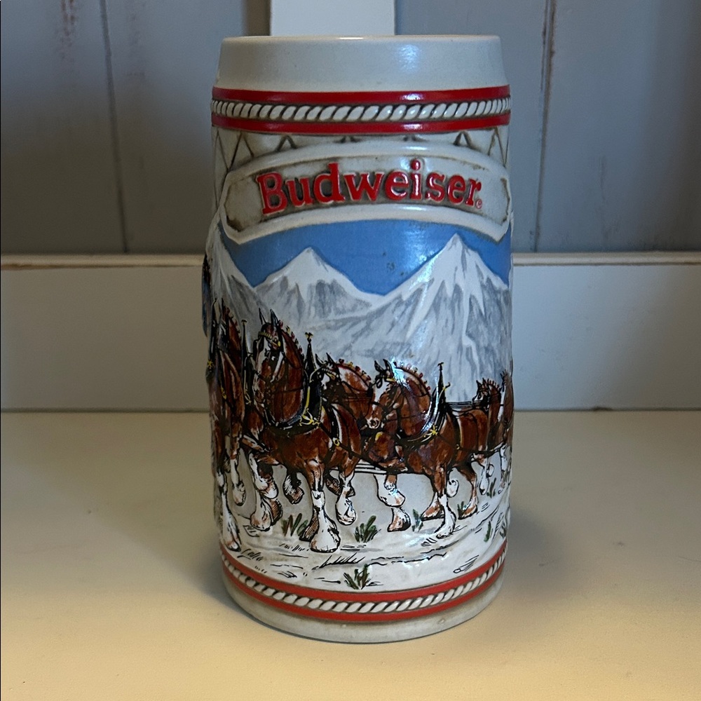 Vgt Budweiser Red and White Ceramic Stein with Clydesdale Team. 1985